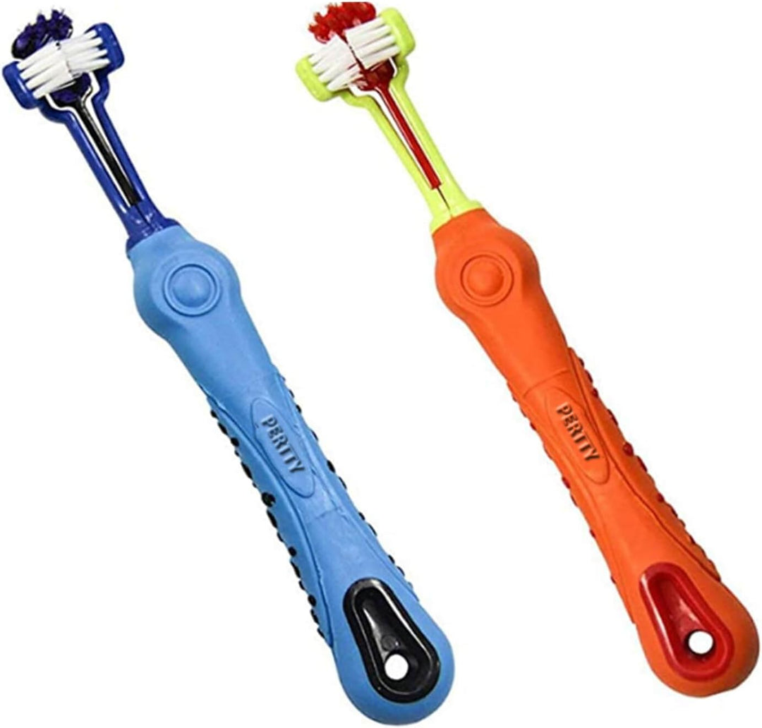 Pet care essential: 2-pack 3-sided toothbrush for comprehensive dog & cat dental hygiene and fresh breath.