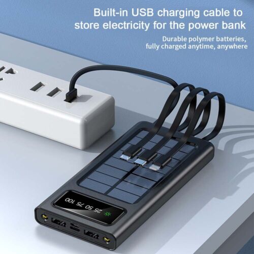 Compact 30000mAh solar charger with integrated cables, perfect for hiking and survival