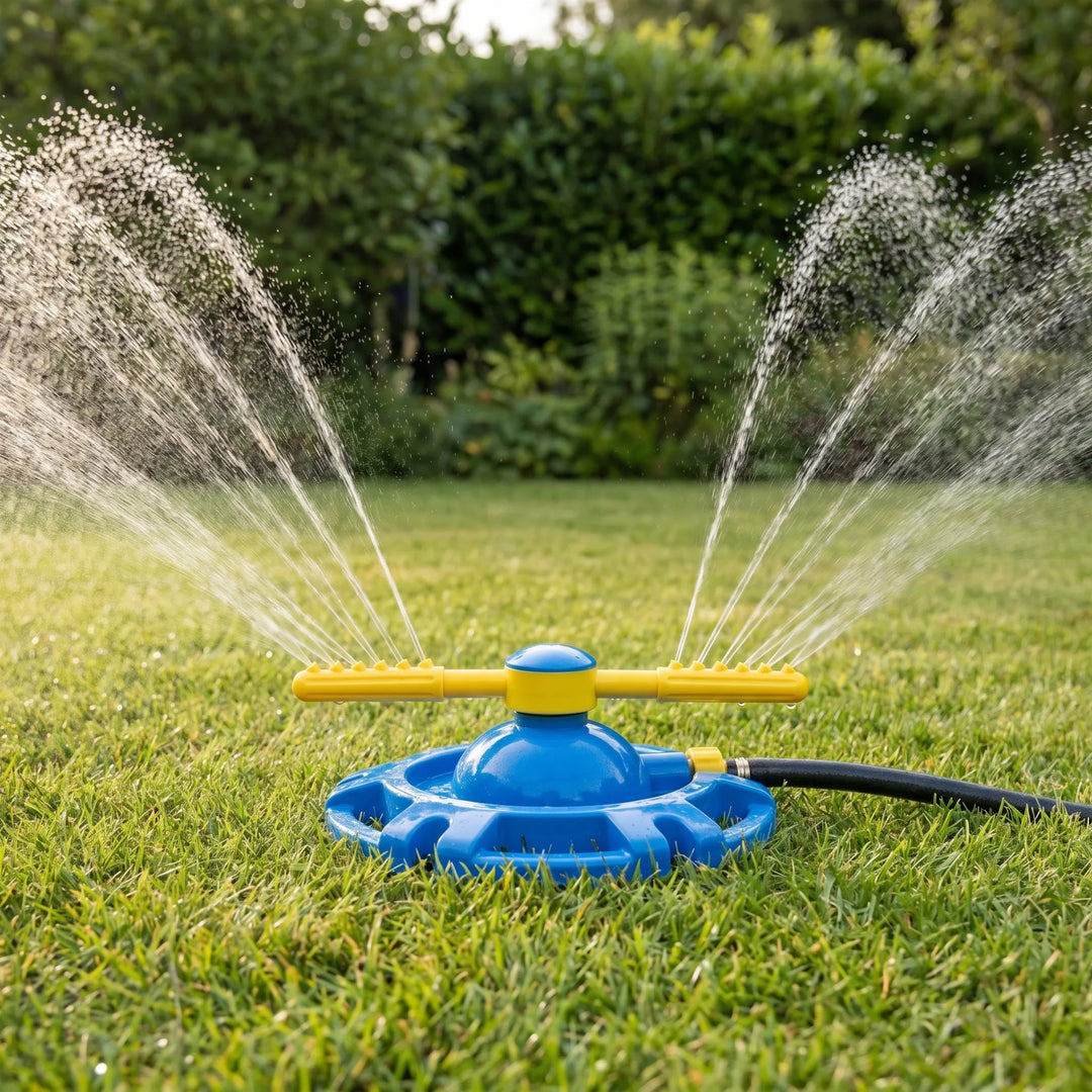 360-degree rotating outdoor water sprinkler for kids' summer fun. Perfect backyard water play toy for children.