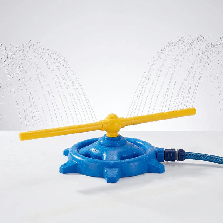 Kids' rotating water sprinkler providing cooling summer fun & outdoor play in the backyard. Great water activity for children.