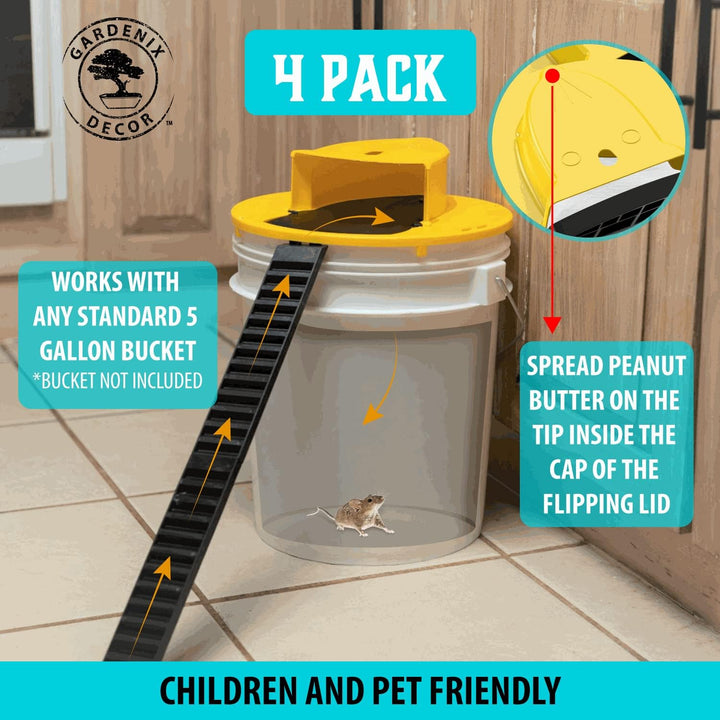 Automatic, multi-catch 4-Pack bucket lid mouse traps for farm, warehouse, & home rodent control.