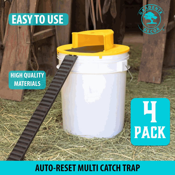 Safe, easy setup 4-Pack bucket lid mouse traps. Reusable for effective multi-catch rodent control.