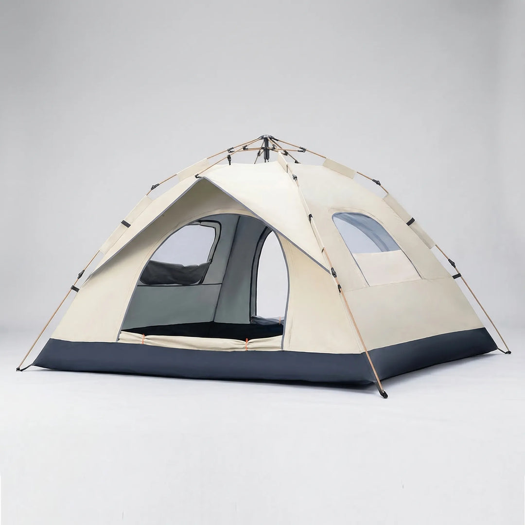Quick setup 4-person pop-up tent. Instant outdoor family shelter for camping, beach, and hiking with UV protection.