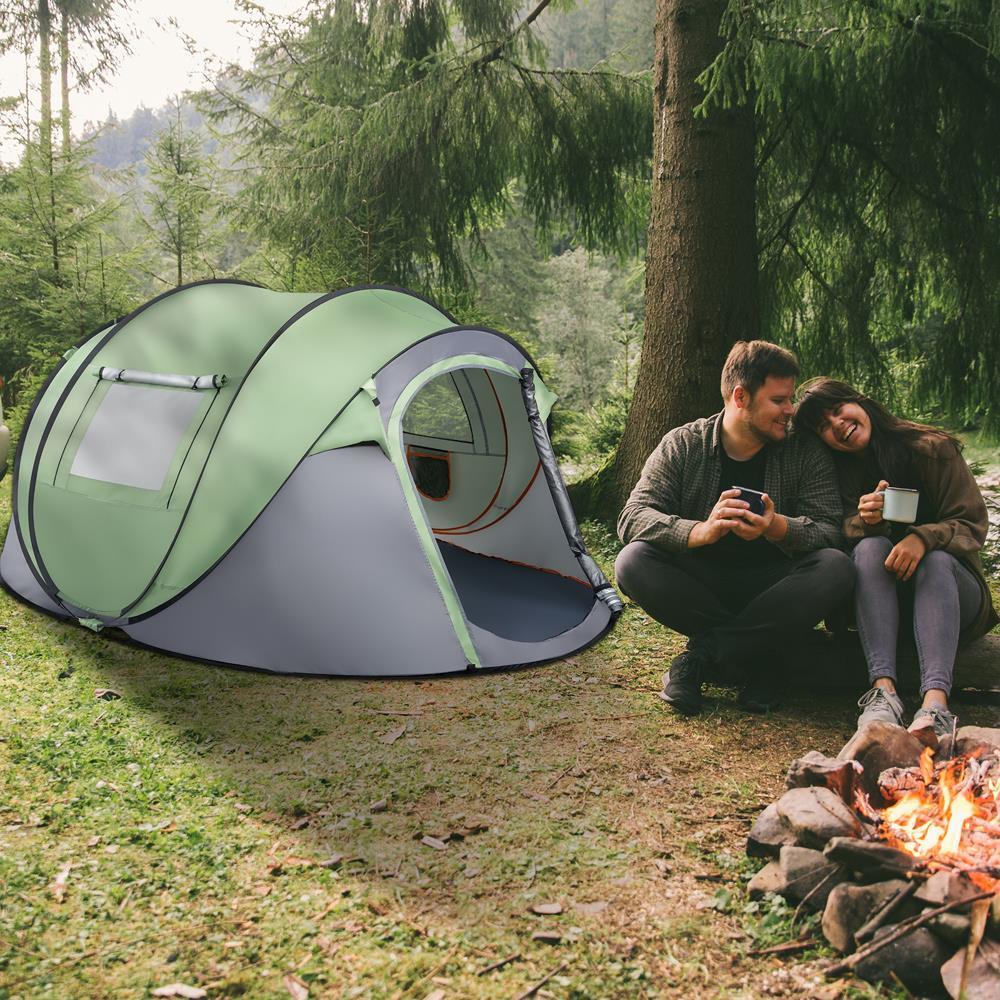 Close-up of waterproof fabric on a 4 person automatic pop-up camping tent, outdoor gear essential