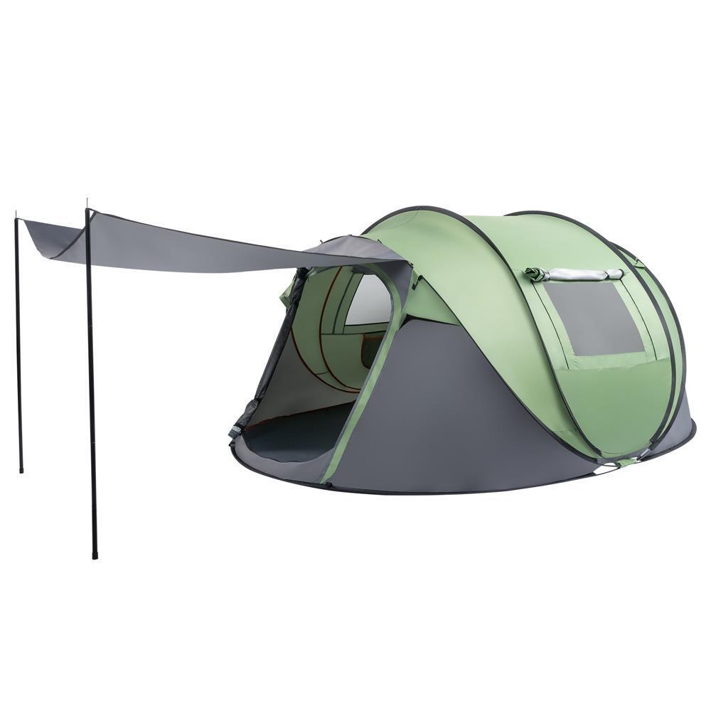 Automatic setup pop-up tent for 4 people, shown on a beach, highlighting its versatility