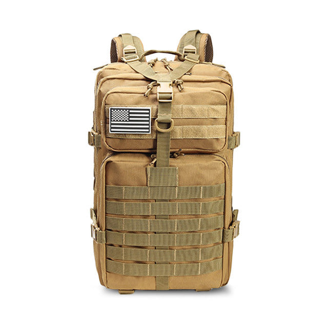 45L waterproof military tactical backpack in desert tan with molle system, ideal for hiking and survival.