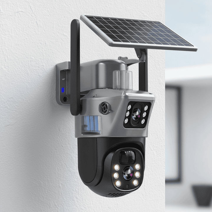 4K solar outdoor security camera with 360° pan-tilt-zoom view and wireless connectivity for smart homes.