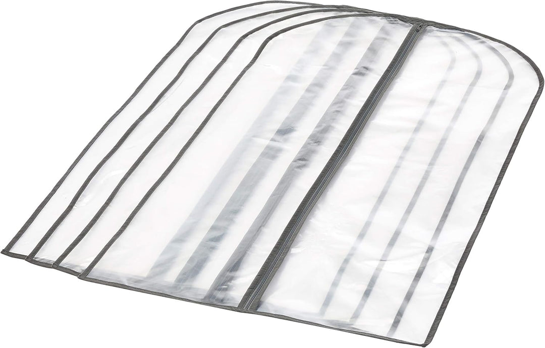 Zippered PEVA dust covers, 5-pack, for clothing protection, closet organization, and travel storage.