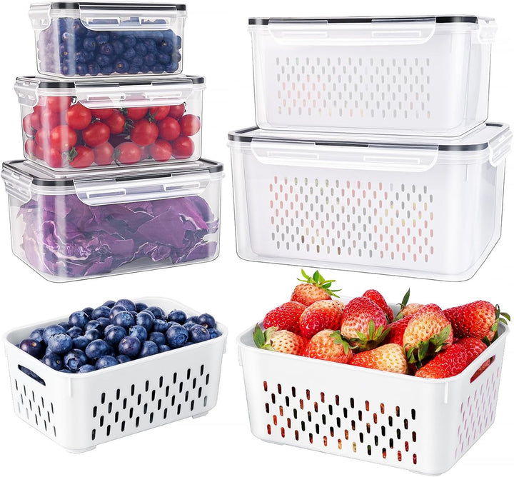 5-piece FreshKeeper food storage set with draining colanders, perfect for fresh produce in the fridge.