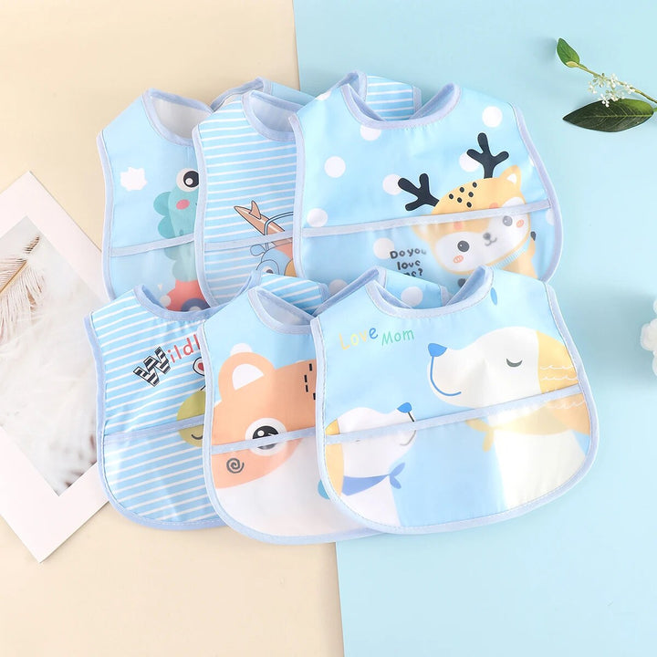 Cute animal print waterproof baby bibs, adjustable 5-pack for spill protection during toddler feeding.