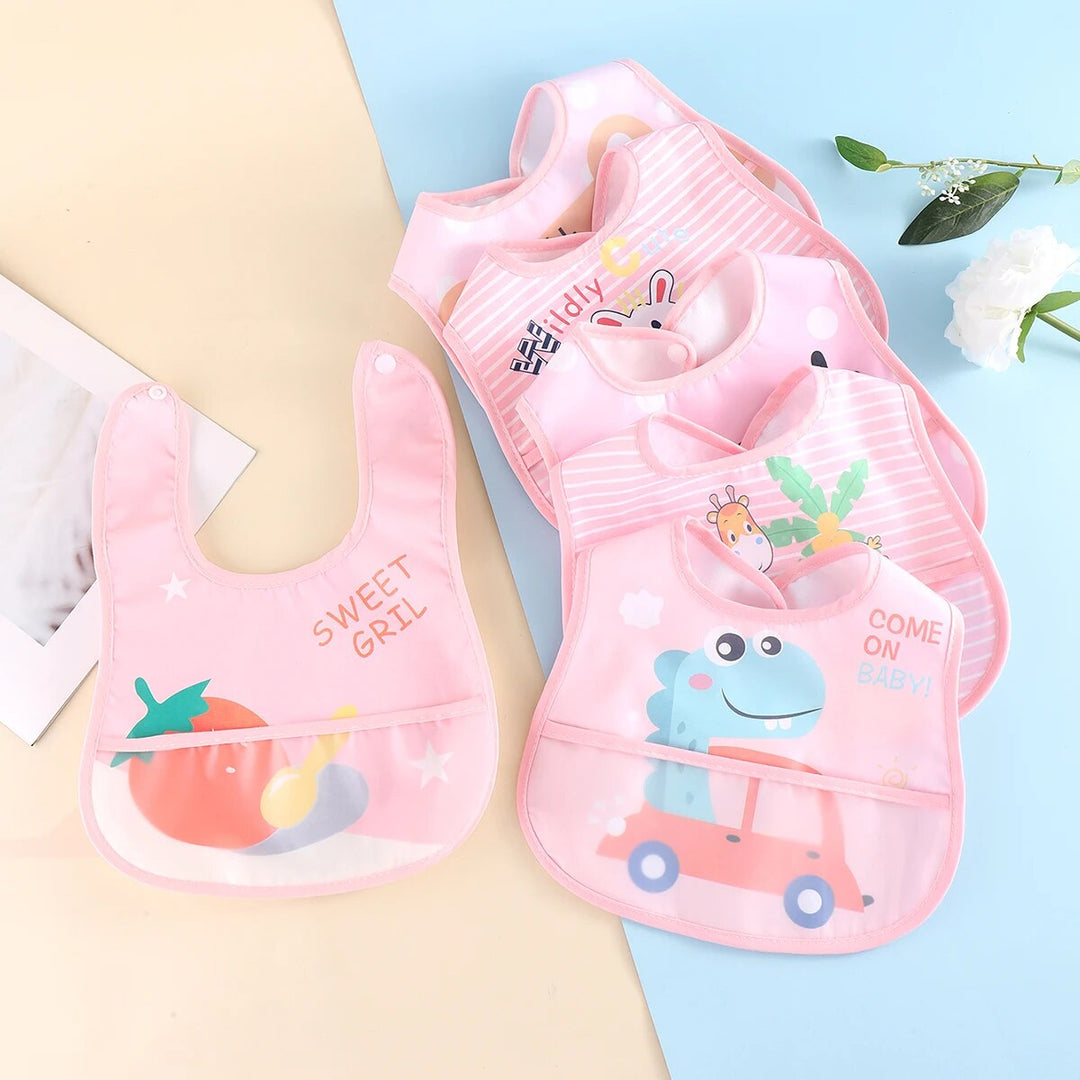 Set of 5 waterproof adjustable baby bibs, perfect for toddler feeding & protecting clothes from spills.