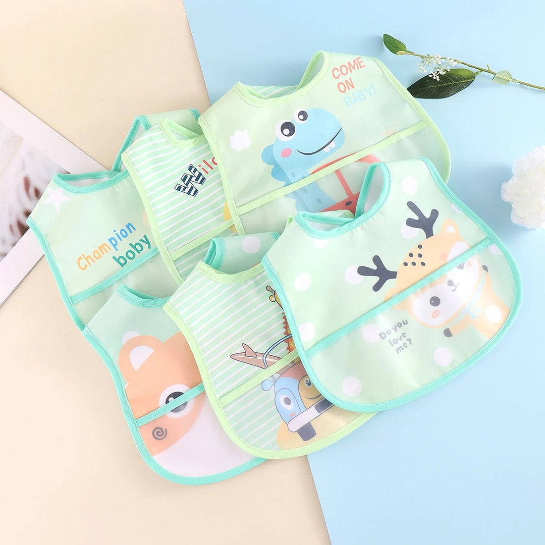 Durable waterproof baby bibs, 5-piece adjustable set for comfortable and clean toddler mealtime.