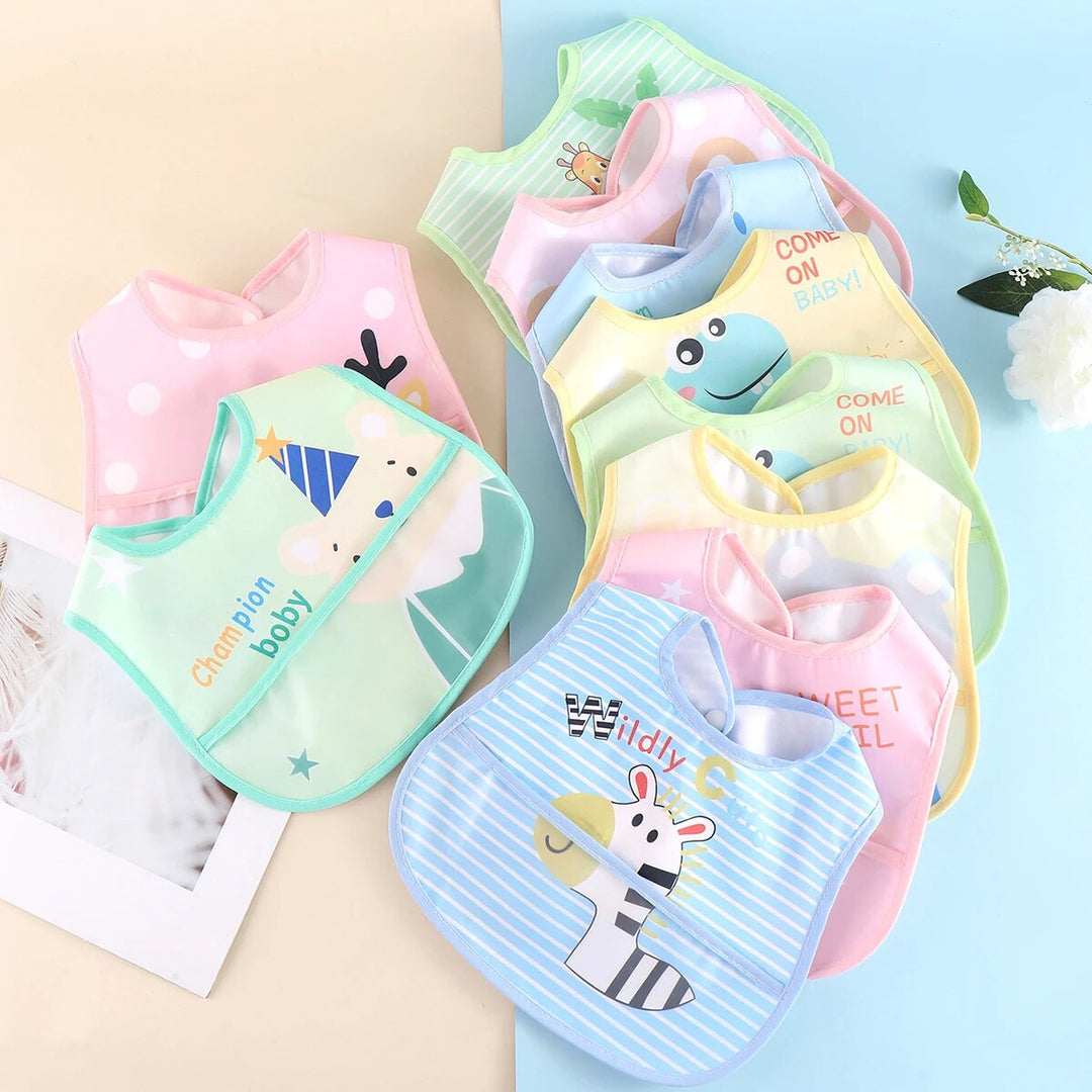 Pack of 5 adjustable waterproof baby bibs, essential baby accessories for mealtime spill protection.