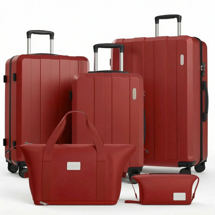 Convenient 5-piece travel luggage set. Multi-size hard shell spinner suitcases for easy packing and transport.