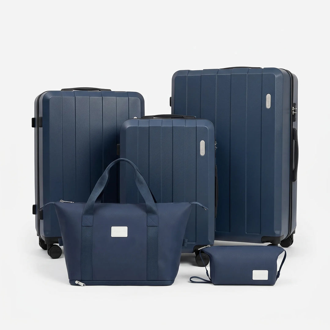 Hard shell 5-piece travel luggage set including spinner suitcases and matching bags, perfect for any journey.