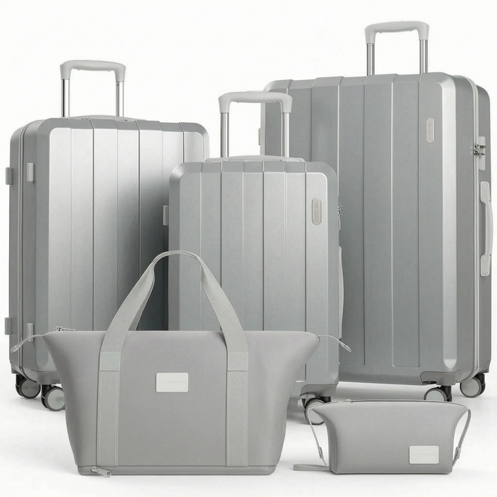 Modern 5-piece travel gear set. Hard shell suitcases with smooth spinner wheels for efficient and stylish journeys.