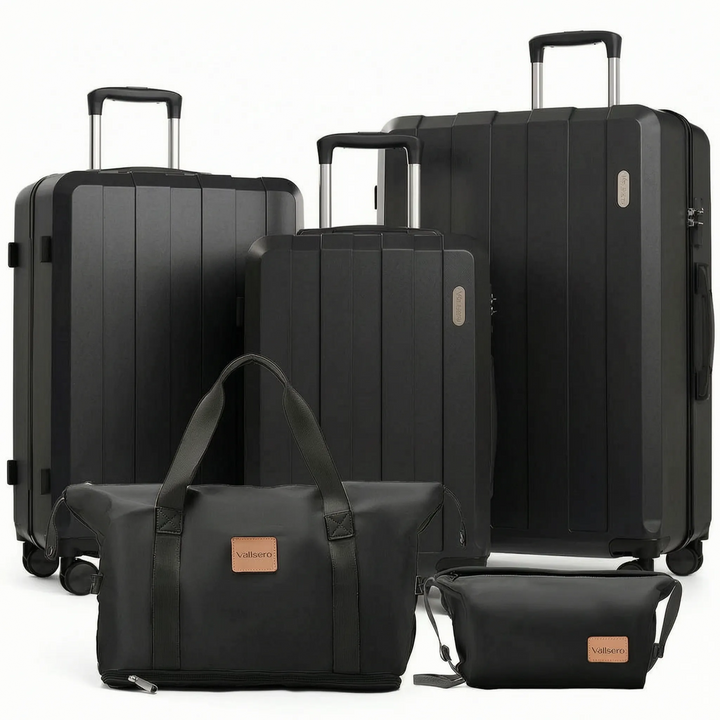 Expandable 5-piece travel set, including hard shell spinner suitcases and various matching travel bags.
