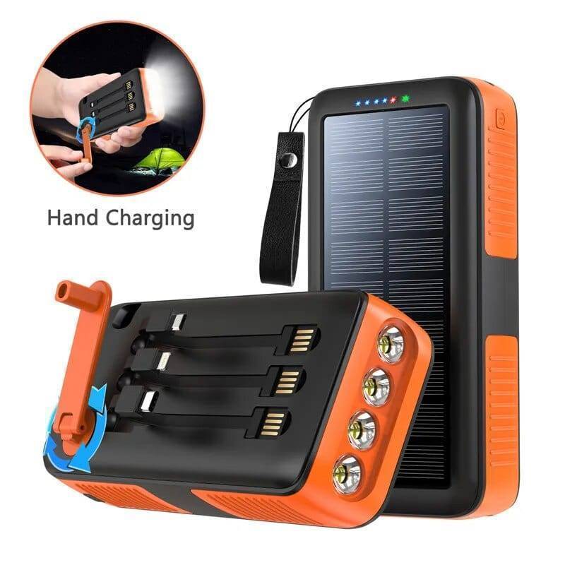 Angled view of 61200mAh portable charger, showing solar panel, crank, and USB ports