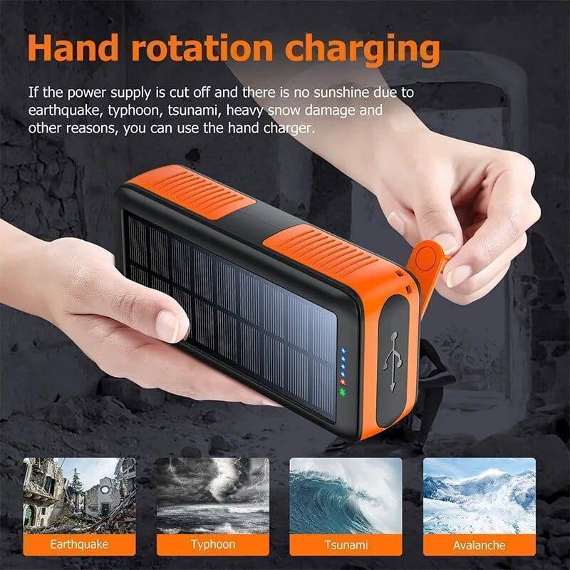 Dual USB output power bank with solar & hand crank charging, essential outdoor gear