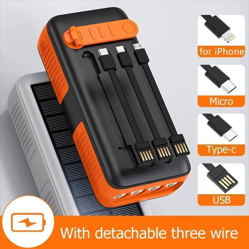 Close-up of 61200mAh solar power bank, highlighting solar panel and rugged design