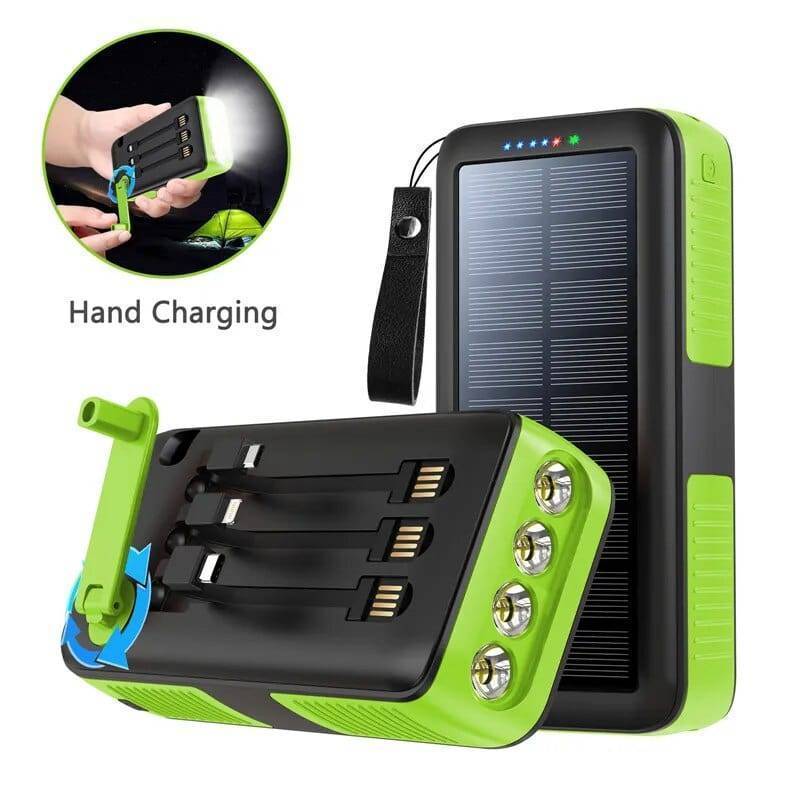 Detail of dual USB ports and rugged casing on 61200mAh hand crank power bank
