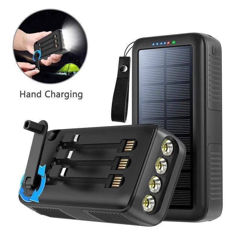 Compact 61200mAh power bank, solar and hand crank charging, perfect for camping