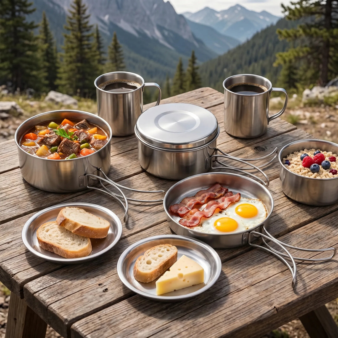 8-piece camping cookware set for backpacking & outdoor cooking. Durable, compact camp kitchen gear for adventures.
