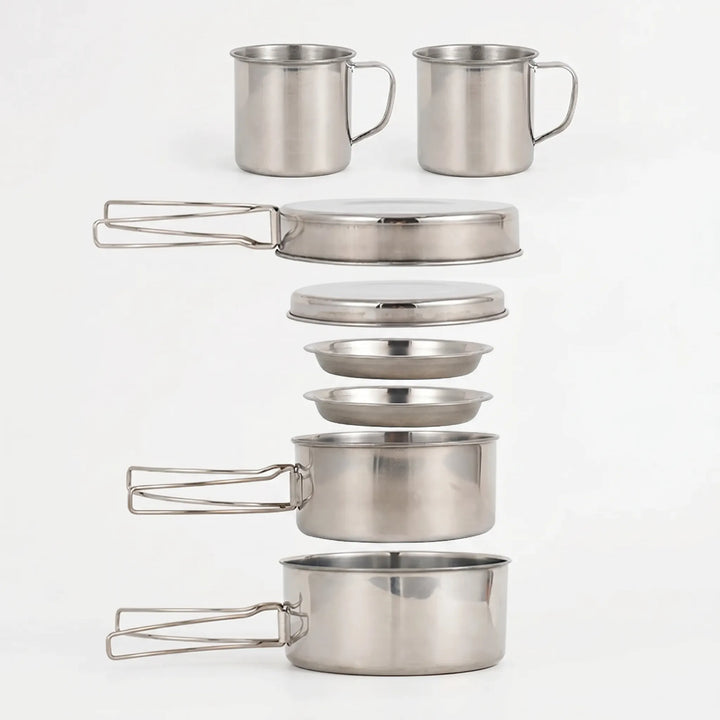 Complete 8-piece outdoor camping cook set with pots & pans. Durable, compact kitchenware for travel & wilderness.