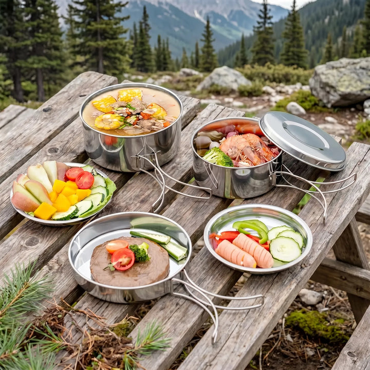 Efficient 8-piece outdoor camping cookware set for easy outdoor cooking. Essential backpacking & hiking kitchen gear.