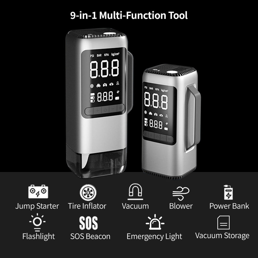Unisex car emergency kit featuring a jump starter, tire inflator, and vacuum cleaner for vehicles