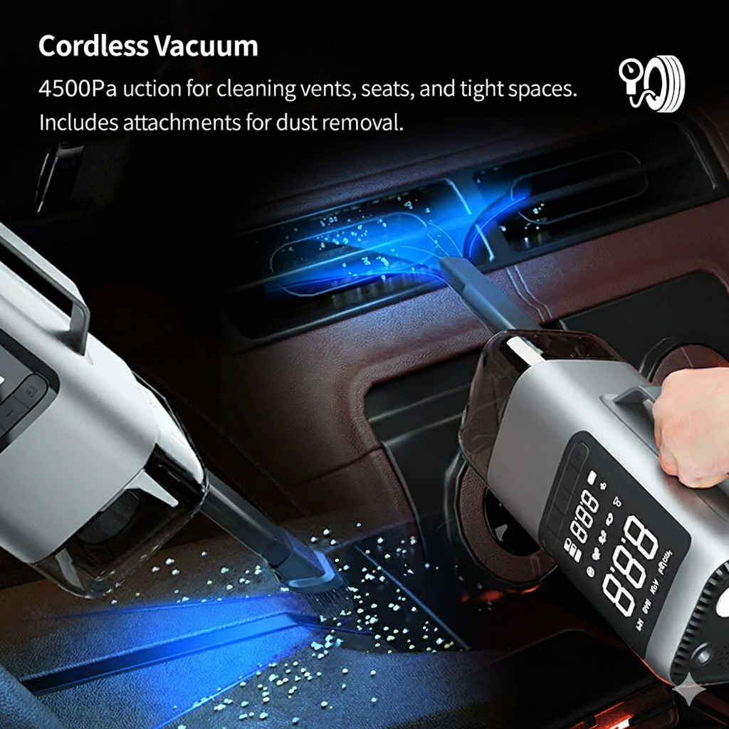 Complete car tool kit: 9-in-1 multifunction device for jump starting, tire inflation, and cleaning