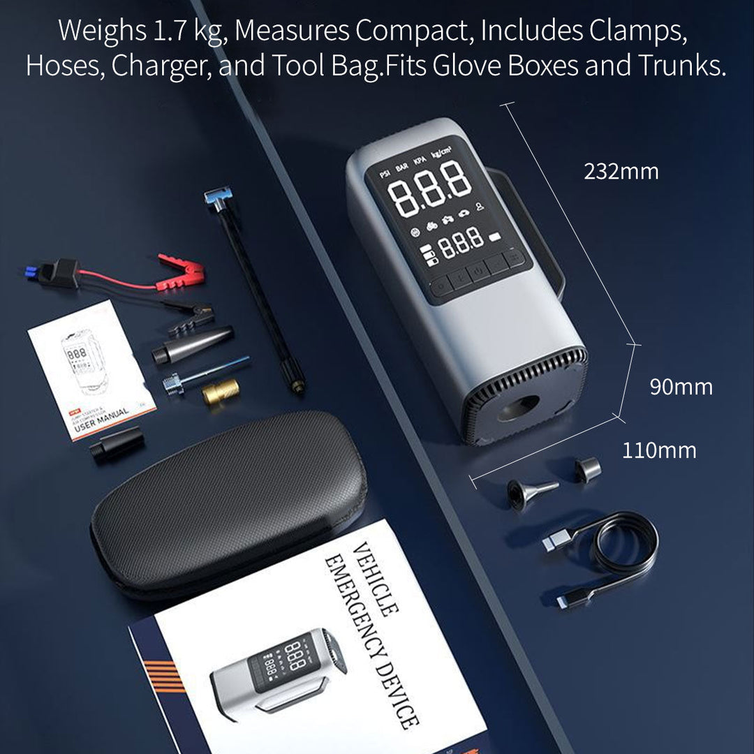 Close-up of the 9-in-1 car emergency tool kit, highlighting jump starter & tire inflator features