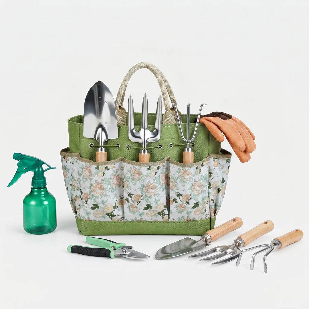 Durable 9-piece gardening hand tool kit including trowel, cultivator, weeder, pruner, & gloves for garden tasks.