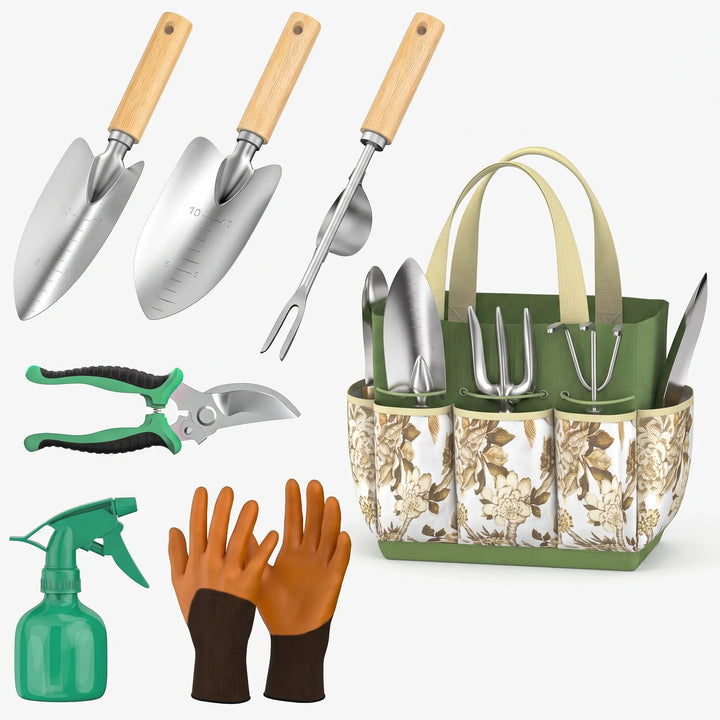 Complete gardening tool kit with a heavy-duty storage tote, perfect for organizing and carrying garden hand tools.
