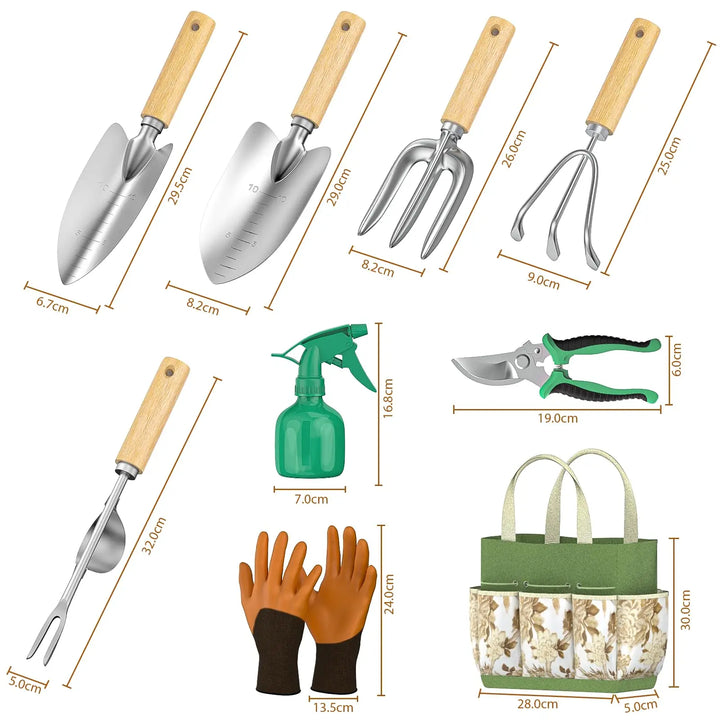 Ready-to-use 9-piece garden tool set, excellent for starting new plants, maintaining flowerbeds, and efficient weeding.