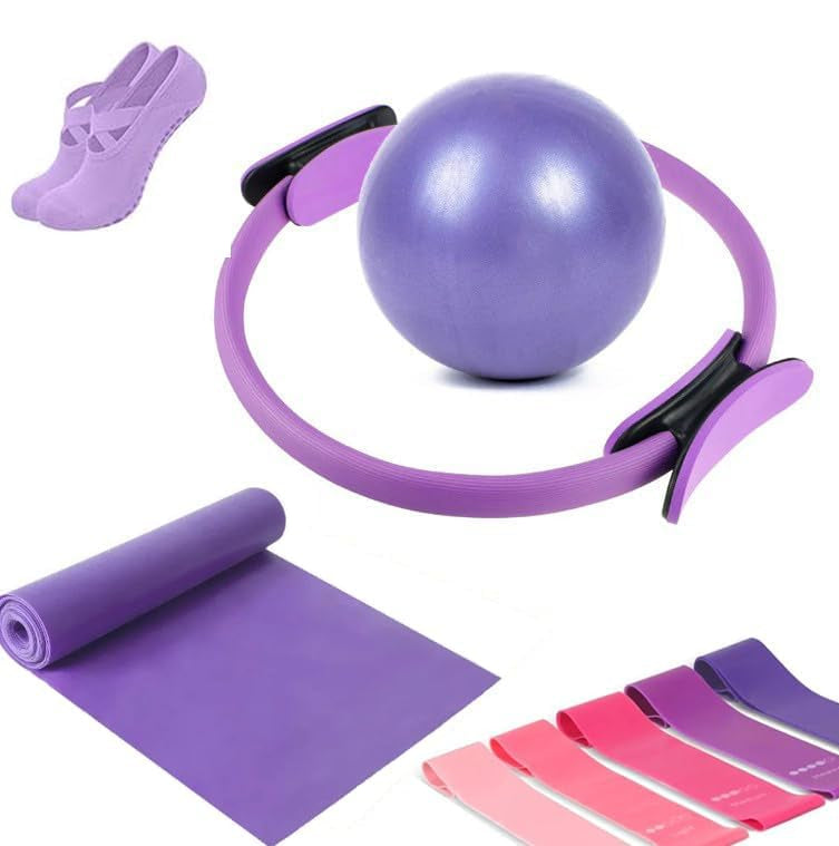 9-piece home pilates kit for core & full body workout. Includes ring, ball, bands & non-slip socks. Portable fitness equipment.