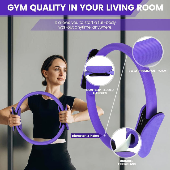 Home Pilates Kit: resistance bands, exercise ball, pilates ring, stretch strap & non-slip socks for flexibility & strength.