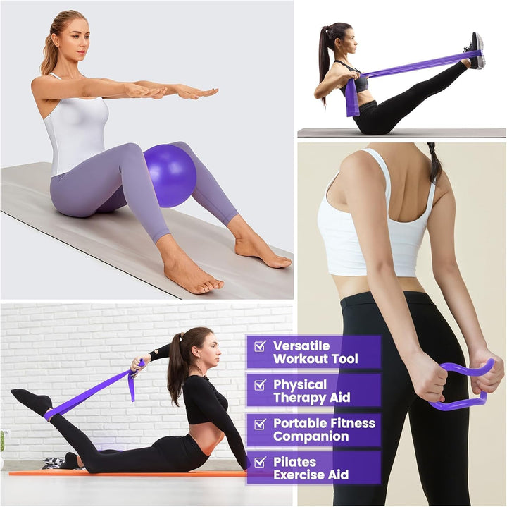 Pilates kit with ring, exercise ball, resistance bands, stretch strap & non-slip socks for effective home workouts.