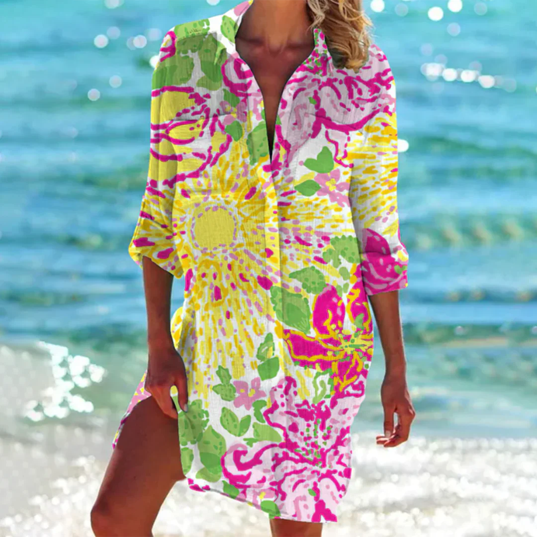 "Abito caftano estivo donna elegante e leggero, tessuto fluttuante e design versatile per look sofisticato."