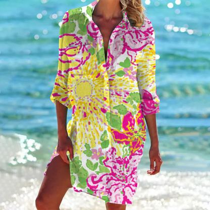 "Abito caftano estivo donna elegante e leggero, tessuto fluttuante e design versatile per look sofisticato."