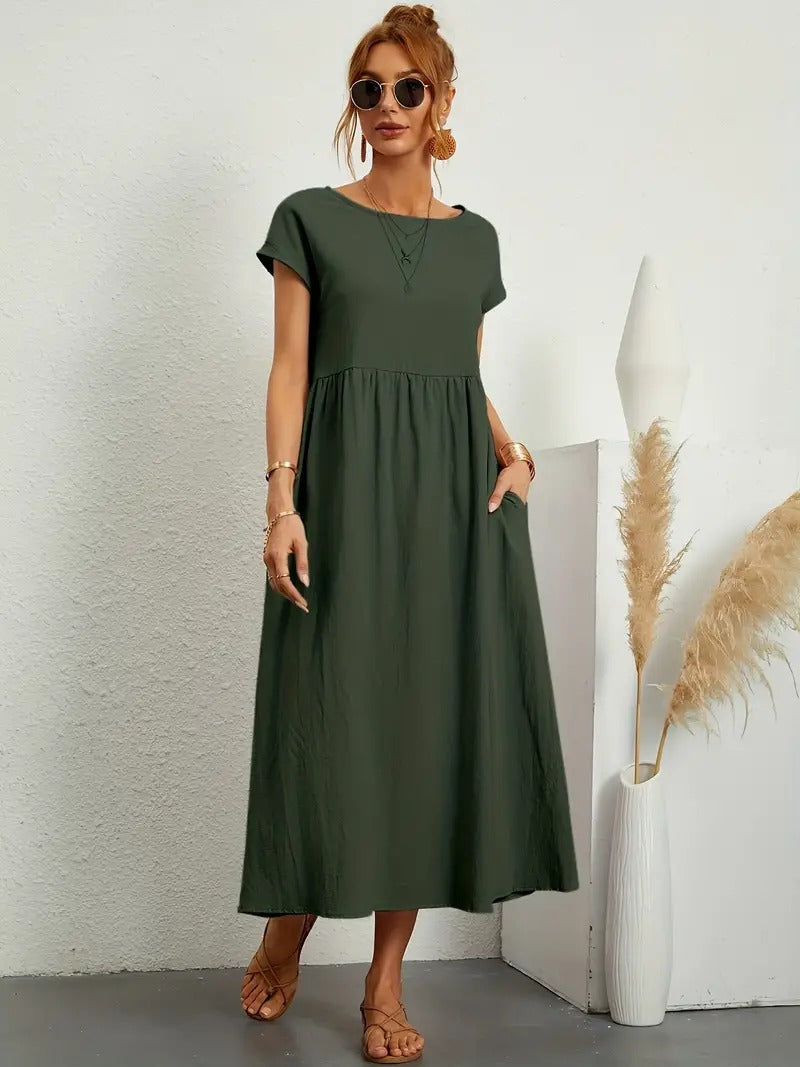 "Abito donna elegante in lino con tasche, colorato e versatile, per un look sofisticato e comodo in ogni stagione."