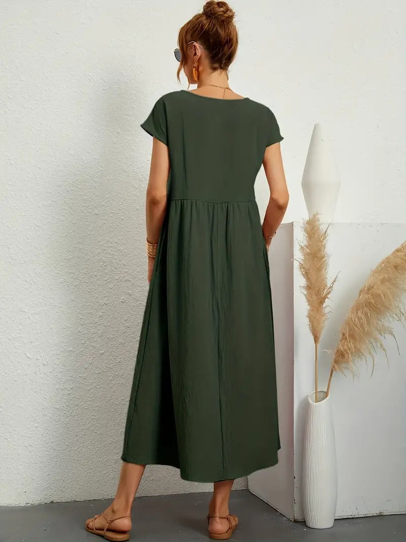 "Abito donna elegante in lino con tasche, colorato e versatile, per un look sofisticato e comodo in ogni stagione."