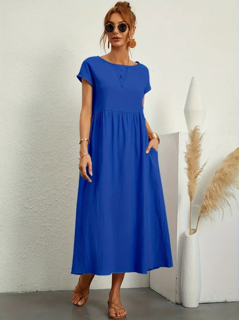 "Abito donna elegante in lino con tasche, colorato e versatile, per un look sofisticato e comodo in ogni stagione."