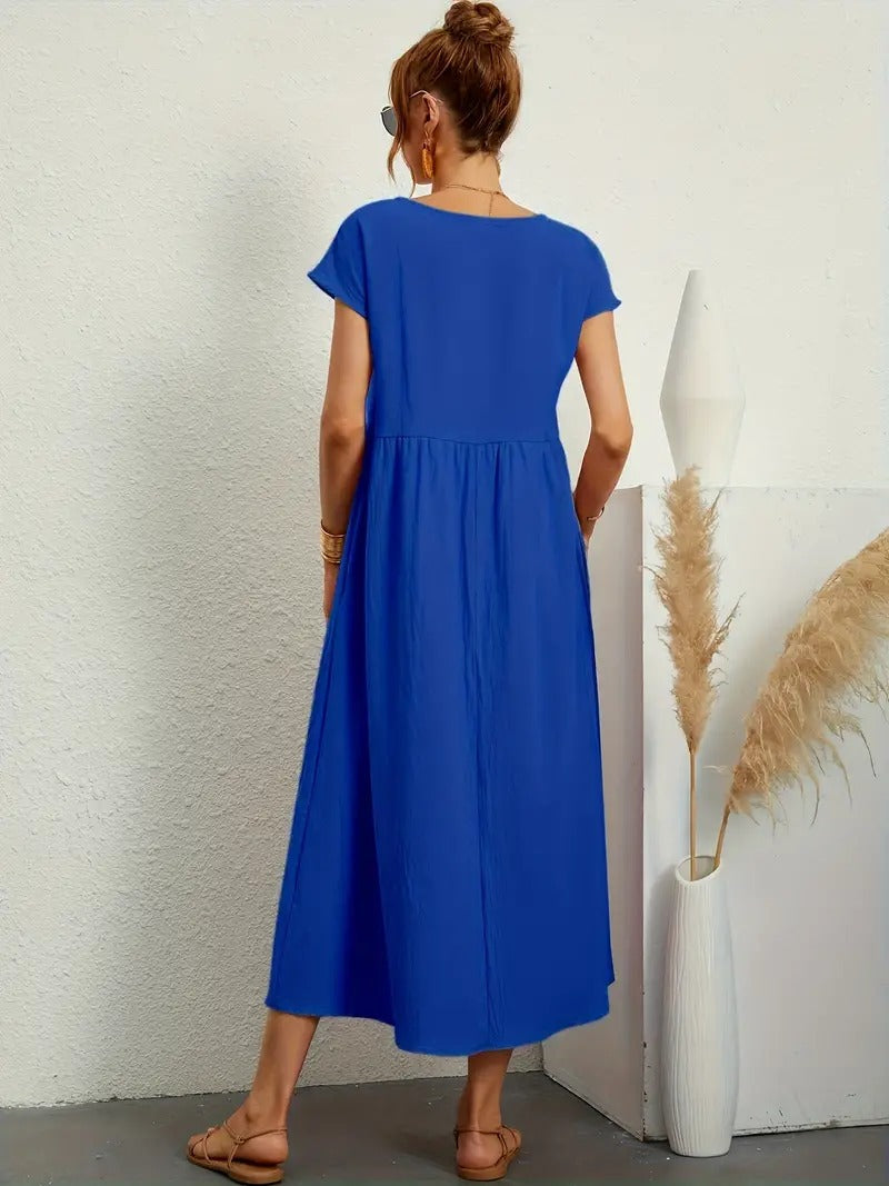 "Abito donna elegante in lino con tasche, colorato e versatile, per un look sofisticato e comodo in ogni stagione."