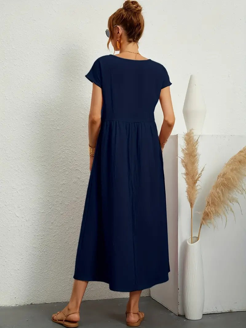 "Abito donna elegante in lino con tasche, colorato e versatile, per un look sofisticato e comodo in ogni stagione."