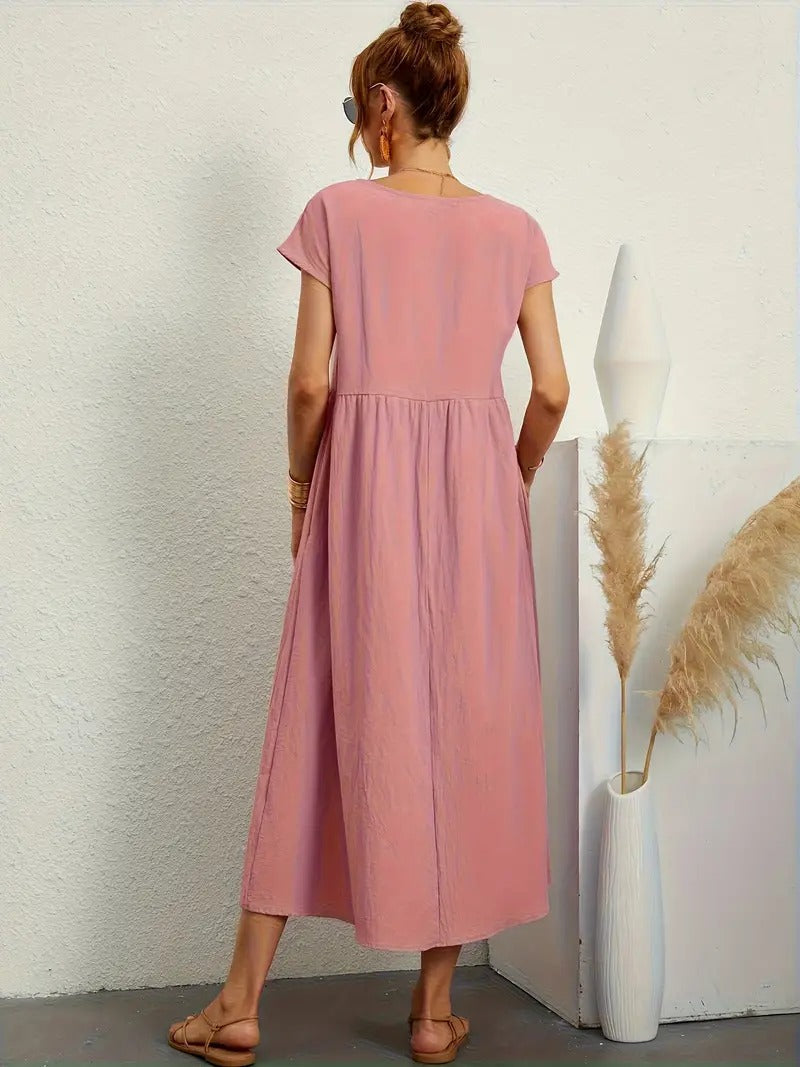 "Abito donna elegante in lino con tasche, colorato e versatile, per un look sofisticato e comodo in ogni stagione."