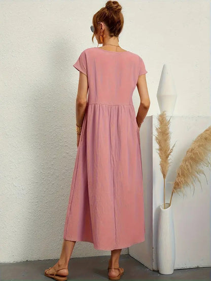 "Abito donna elegante in lino con tasche, colorato e versatile, per un look sofisticato e comodo in ogni stagione."