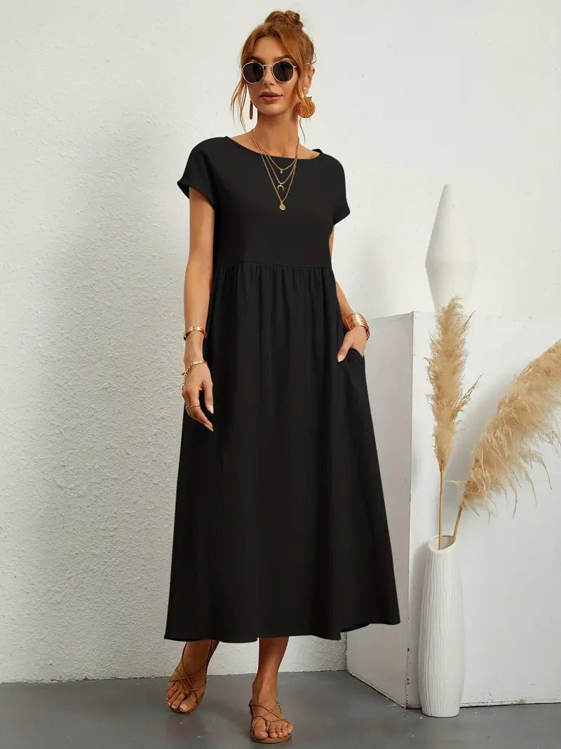 "Abito donna elegante in lino con tasche, colorato e versatile, per un look sofisticato e comodo in ogni stagione."
