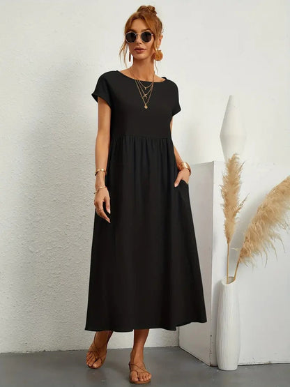 "Abito donna elegante in lino con tasche, colorato e versatile, per un look sofisticato e comodo in ogni stagione."