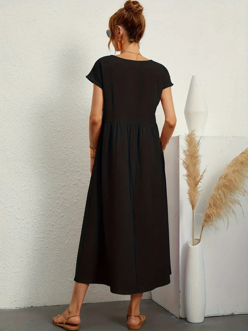 "Abito donna elegante in lino con tasche, colorato e versatile, per un look sofisticato e comodo in ogni stagione."
